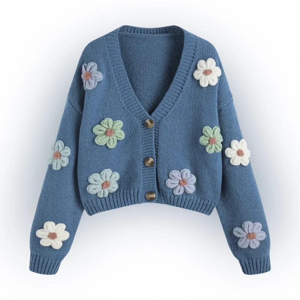 3D Flower Sweater Flower Cardigan Knit Sweater Blue Knit with Floral Details